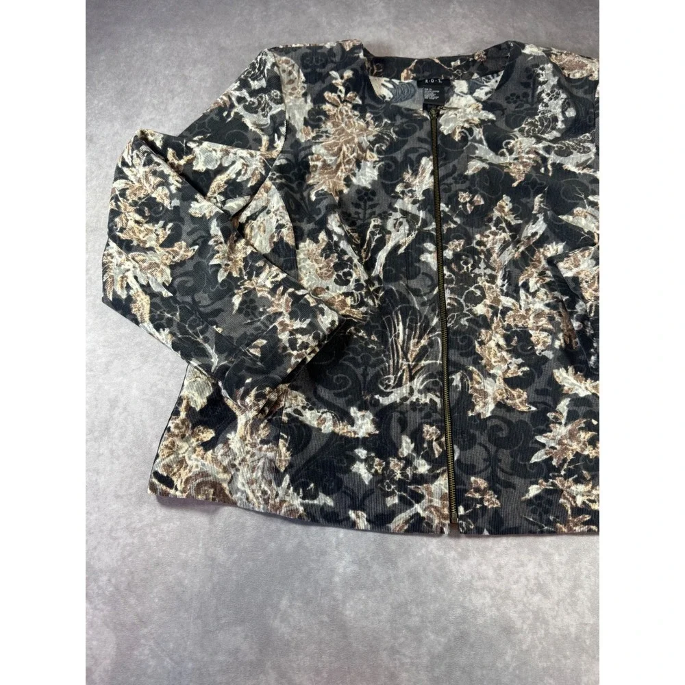 RQT Womens XL Floral Damask Corduroy Zip Front Jacket Black Tan Grey Stretch